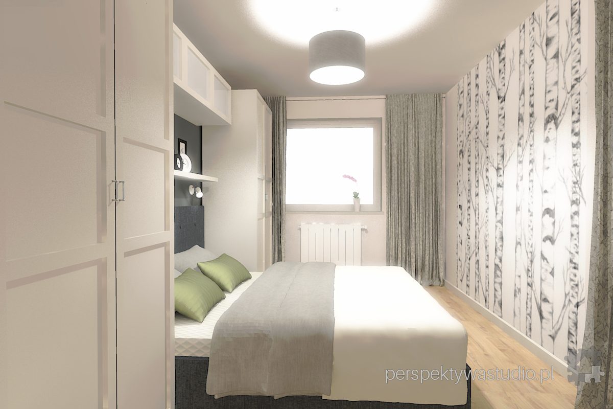 projektowanie wnętrz lublin projekt sypialni lublin łóżko w zabudowie szarość fototapeta brzoza 4