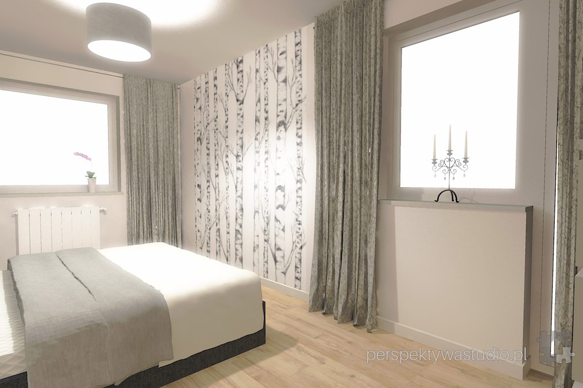 projektowanie wnętrz lublin projekt sypialni lublin łóżko w zabudowie szarość fototapeta brzoza 5