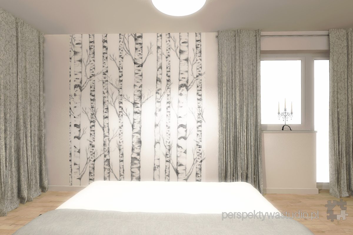 projektowanie wnętrz lublin projekt sypialni lublin łóżko w zabudowie szarość fototapeta brzoza 6