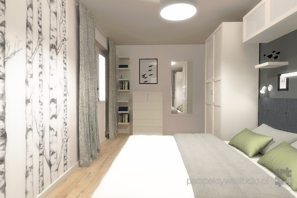projektowanie wnętrz lublin projekt sypialni lublin łóżko w zabudowie szarość fototapeta brzoza 7