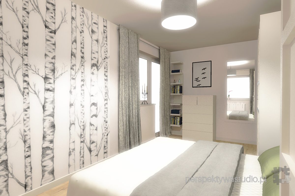 projektowanie wnętrz lublin projekt sypialni lublin łóżko w zabudowie szarość fototapeta brzoza 8