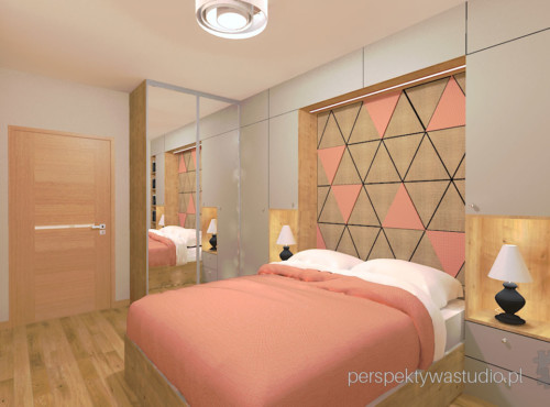 projektant wnętrz lublin perspektywa studio projekt mała sypialnia w bloku łóżko w zabudowie tapicerowany zagłówek beż i koral 8