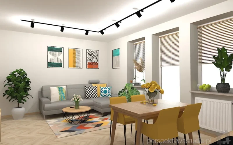 projektant wnetrz Lublin perspektywastudio.pl projekt salonu z aneksem trzy kolory zolty 9a