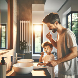 tata z synem w idealnej lazience myja zeby o poranku